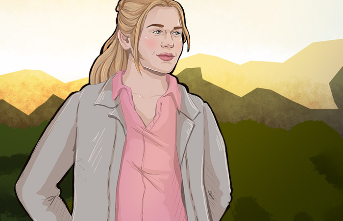 digital artwork of a mountain range and forest landscape with a blonde woman in the foreground