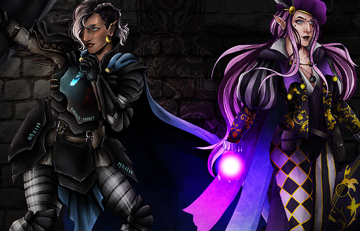 digital artwork of a warrior and a bard