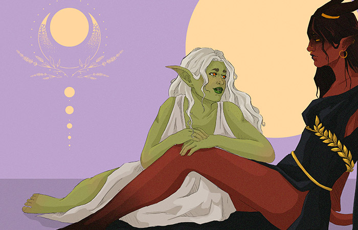 digital artwork of a green goblinoid with long white hair and a red-skinned tiefling woman with long black hair lounging on the floor