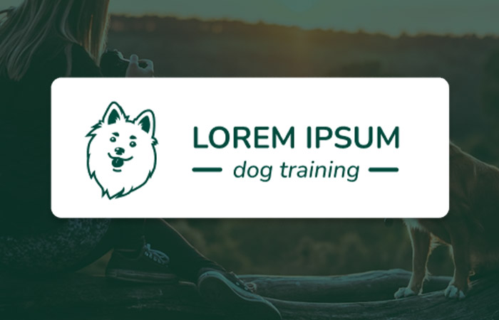 logo that reads "Lorem Ipsum Dog Training" with a spitz dog lineart next to it on top of a photo showing a woman and her duck tolling retriever dog