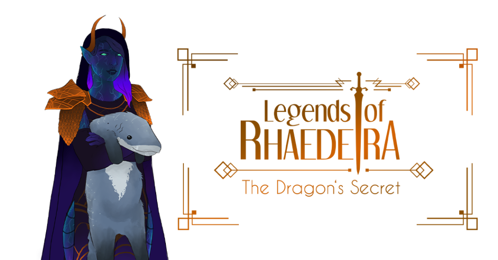 artwork of a fantasy character next to the logo of LEgends of Rhaedeira
