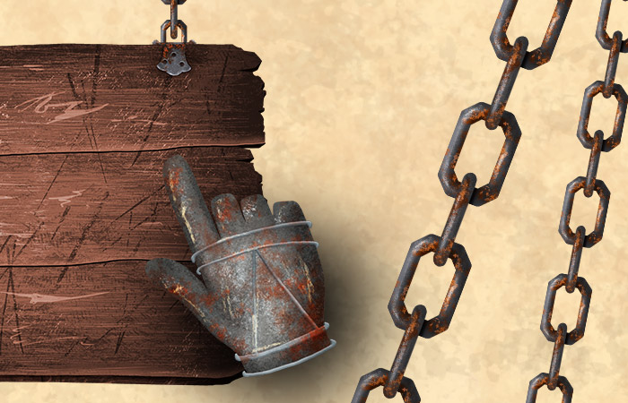 digital artwork of rusted chains, a wooden sign and a mouse cursor shaped like an armor glove